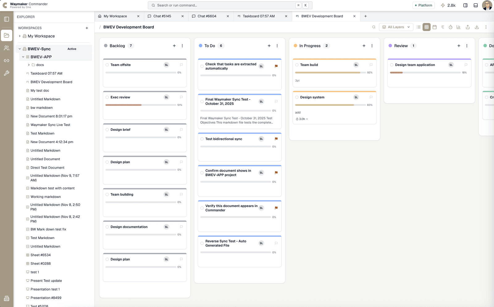 Commander taskboard showing project management with kanban columns